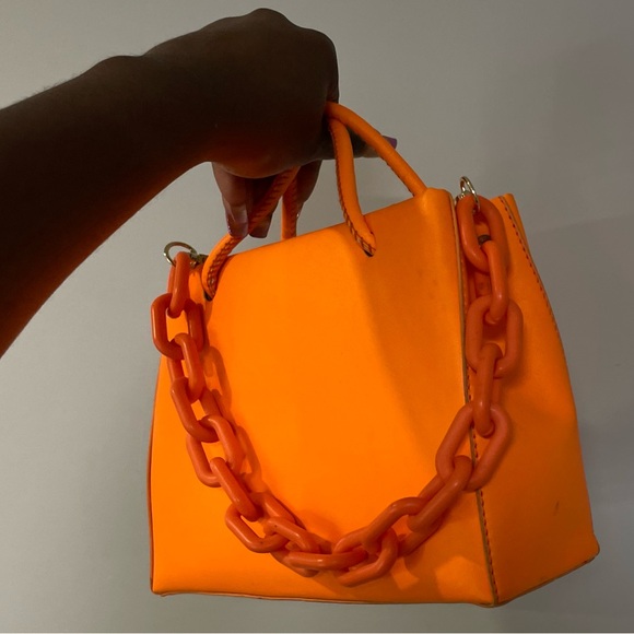 Double Handle Orange Handbag with Chain Strap - Picture 2 of 12